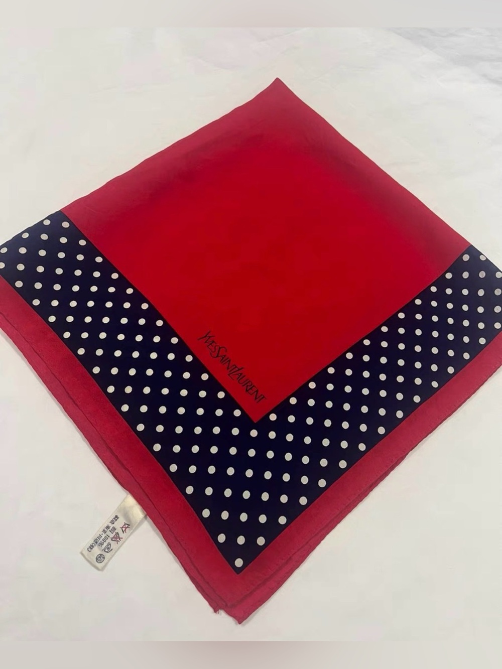 Yves Saint Laurent Red Silk Scarf with Navy scarf